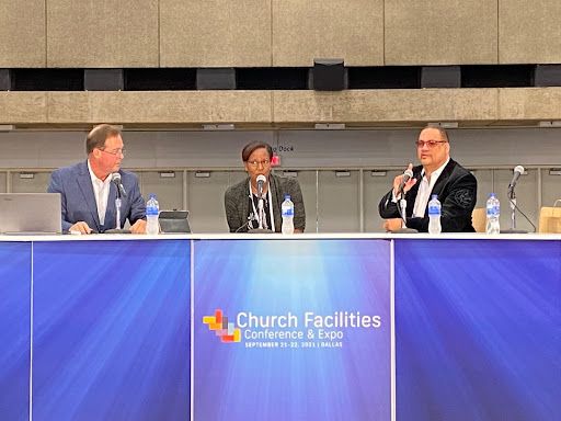 EditShare's Mike Mahoney, A. Ty Ayers Allen and Fletcher Garrett on a panel at the Church Facilities Conference & Expo 2021 in Dallas