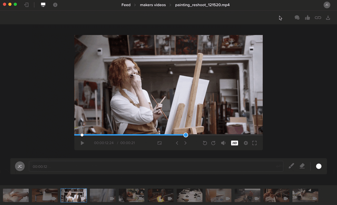 Redesigned MediaSilo review screen with the video player, timecoded comment field and filmstrip, and the navigation bar hidden