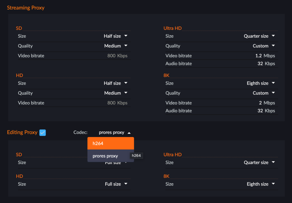 FLOW proxy settings for streaming and editing proxies by resolution, with the editing proxy codec set to ProRes Proxy or H.264