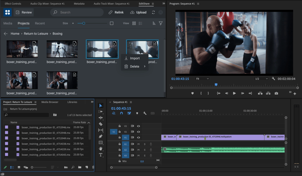 EditShare FLOW panel inside Adobe Premiere Pro, browsing project clips with Import and Delete options above the timeline