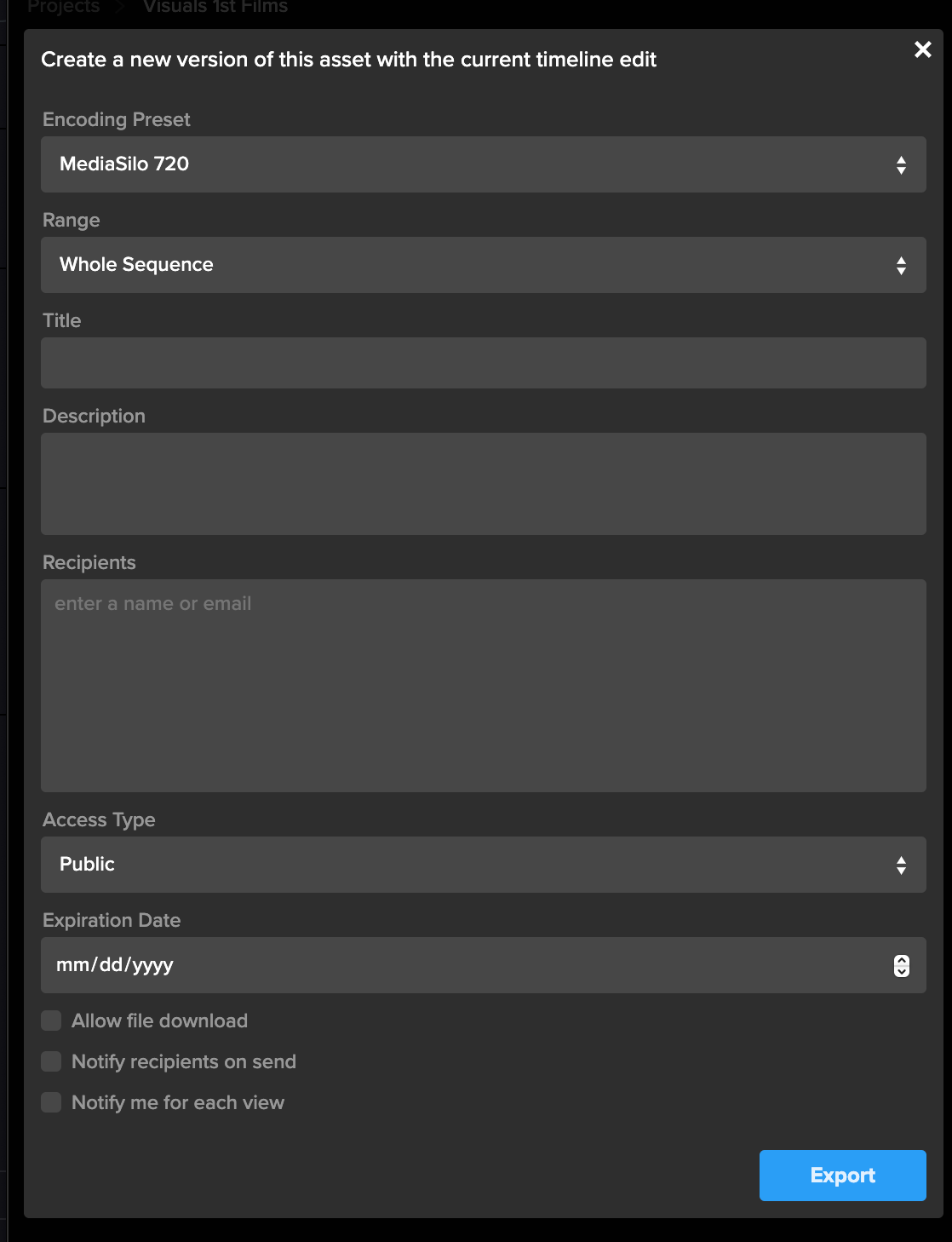 MediaSilo panel dialog for creating a new asset version from the current timeline, with encoding, recipients and access settings