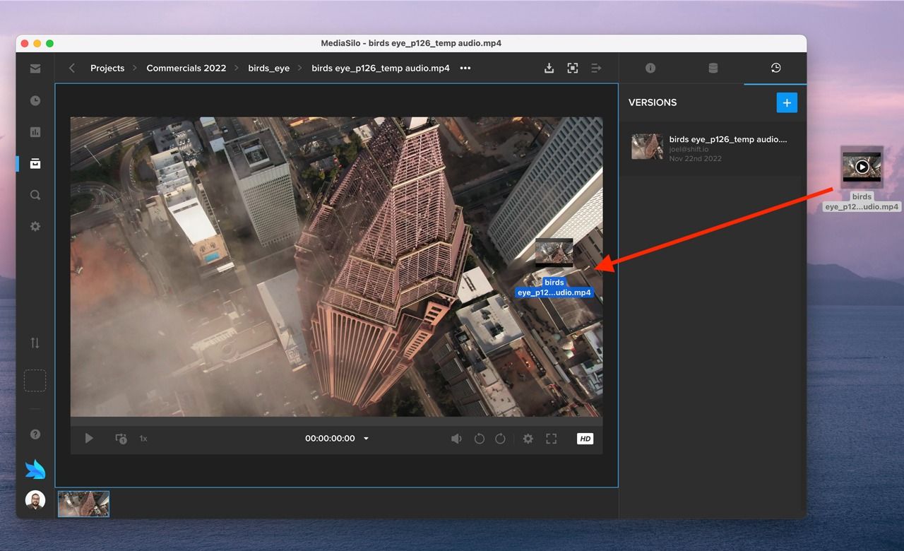 MediaSilo asset view with a new file being dragged onto the player to upload it as a new version