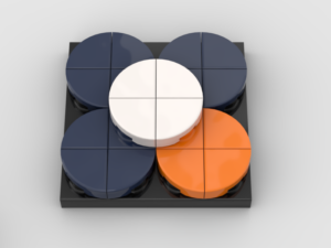 EditShare logo built from navy, white and orange LEGO pieces