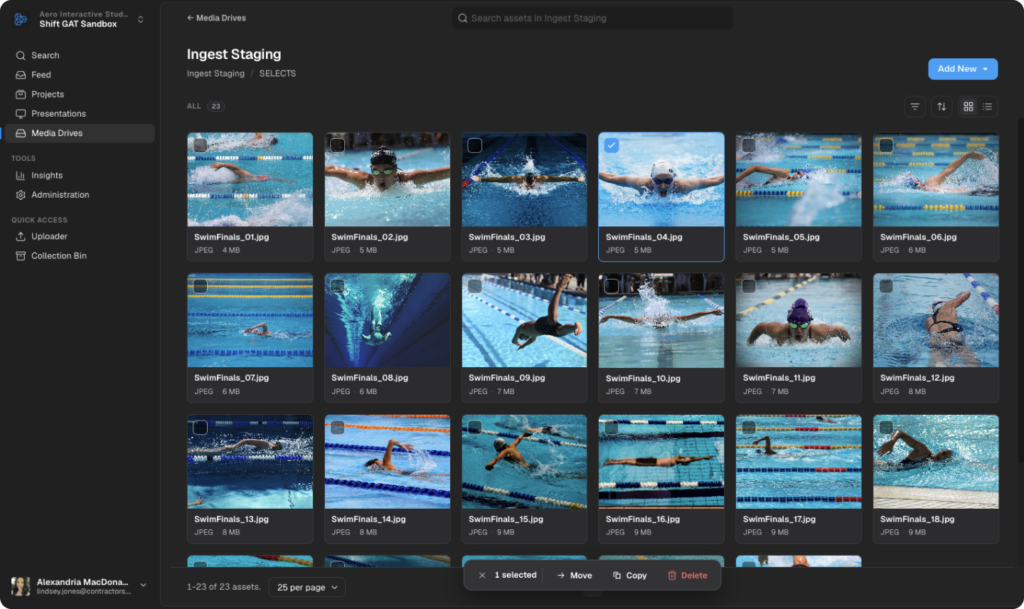 EditShare One Media Drive showing a grid of swimming photo thumbnails in an ingest staging folder