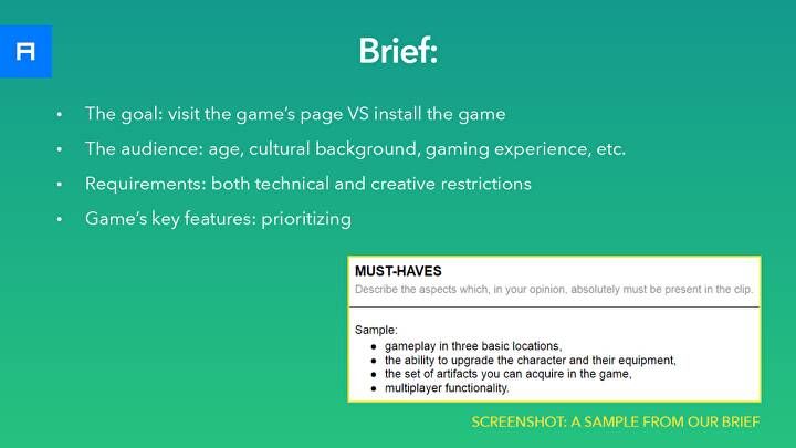 Slide listing four key brief questions (goal, audience, requirements, key features) with a sample must-haves section