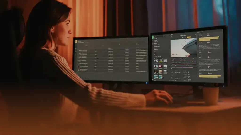 Editor working at two monitors displaying FLOW media asset management screens