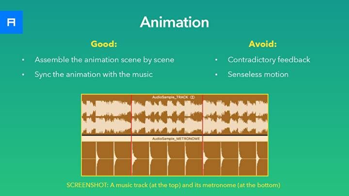 Slide on animation dos and don'ts, with a music track and its metronome shown as audio waveforms