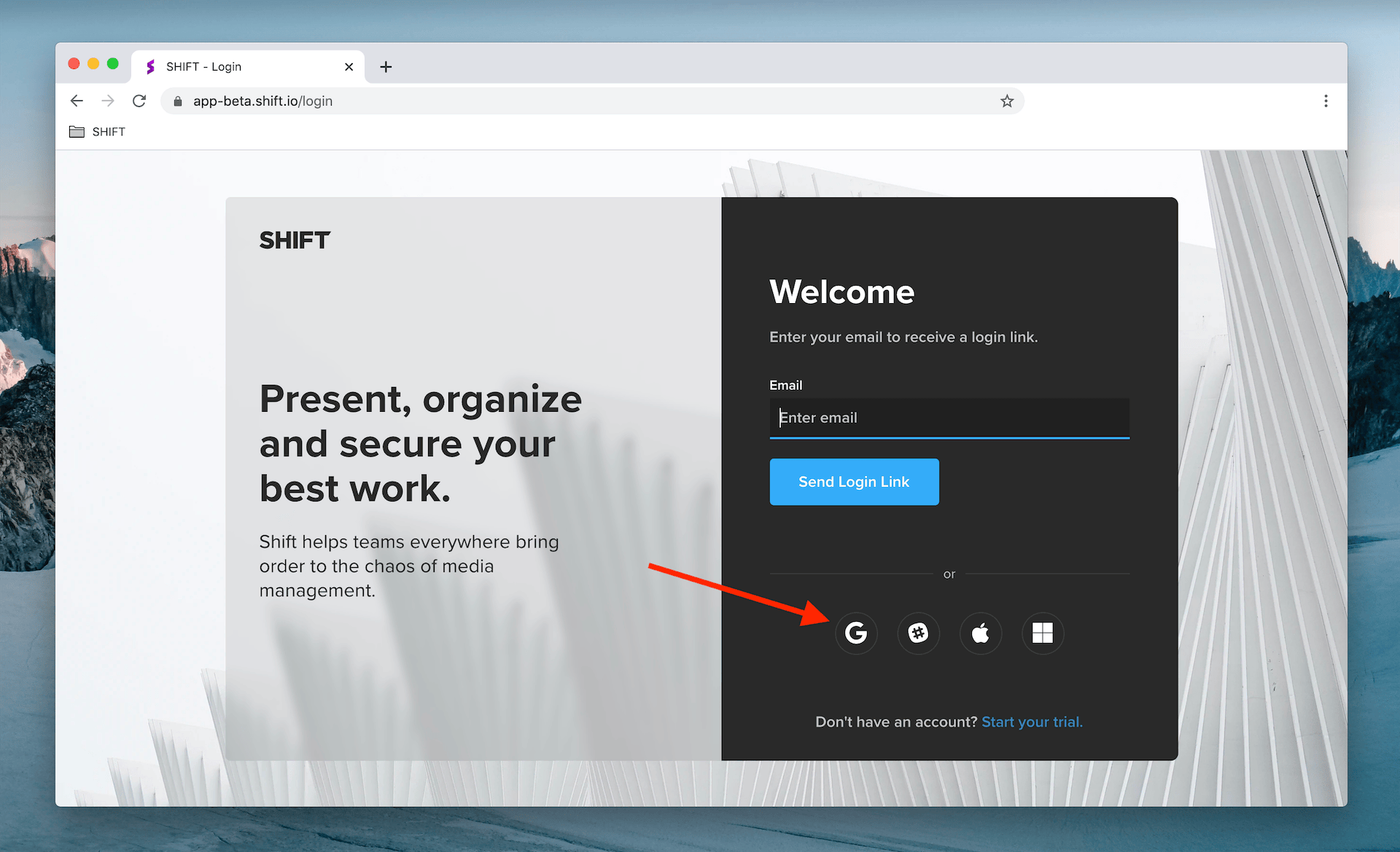 Shift login page with Google, Slack, Apple, and Microsoft sign-in icons highlighted