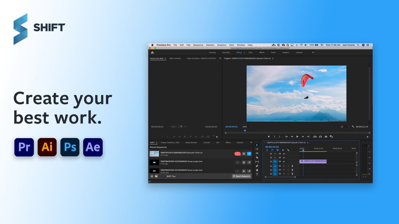 SHIFT panel inside Adobe Premiere Pro, with Premiere Pro, Illustrator, Photoshop and After Effects icons: Create your best work
