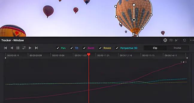DaVinci Resolve 20 tracker window tracking a hot air balloon with pan, tilt, zoom and rotate curves
