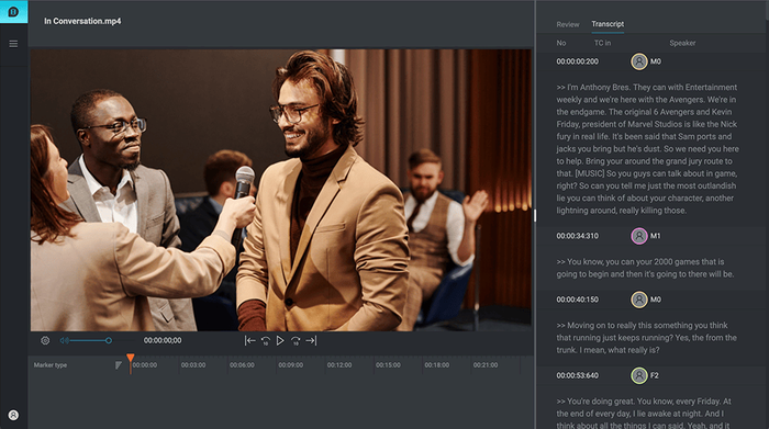 EditShare One web interface showing an interview clip with its AI speech-to-text transcript alongside