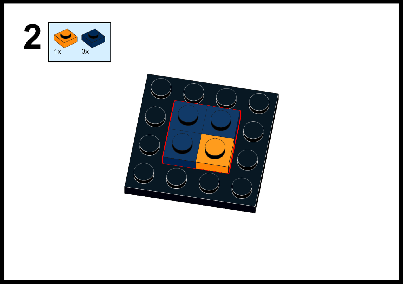 Step 2 of the #BuildWithEditShare Lego instructions: one orange and three dark blue bricks placed on a black base plate