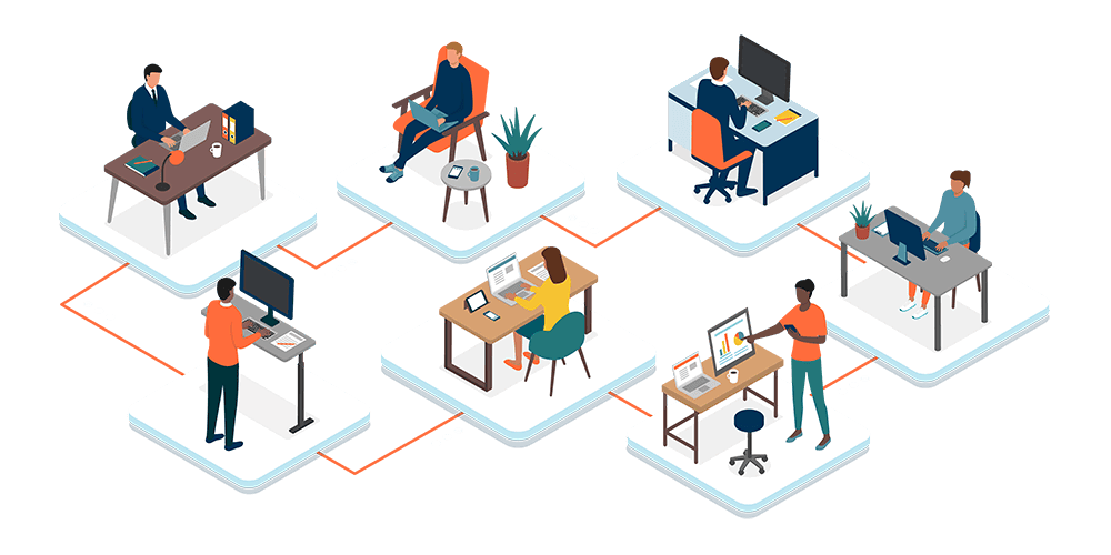 Illustration of team members at separate desks connected in a shared production workflow