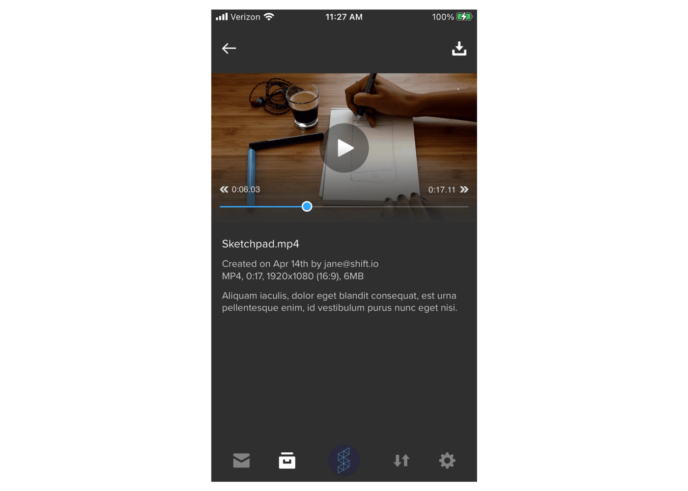 SHIFT GO mobile app playing a video with scrubber and skip controls
