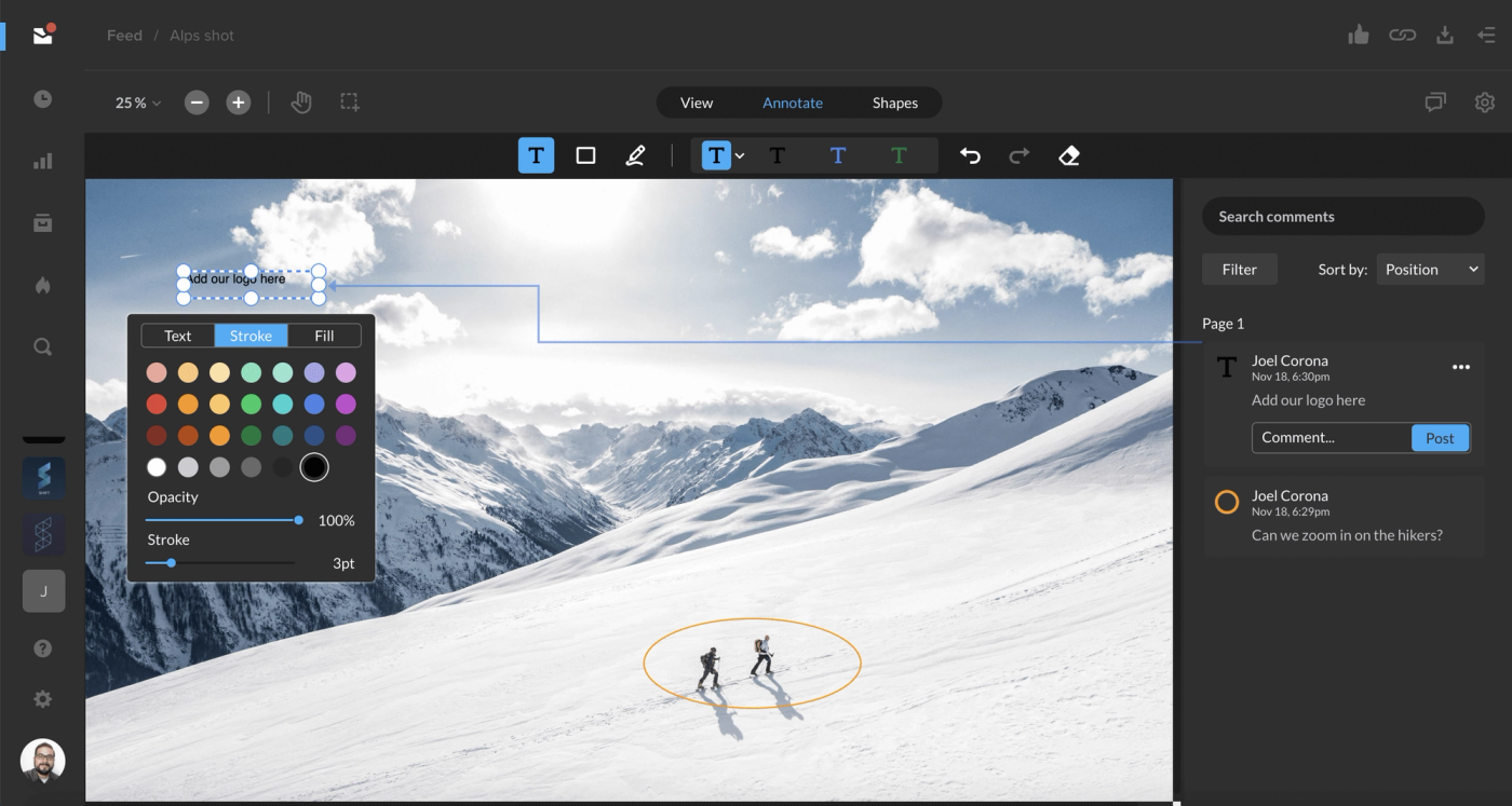 MediaSilo image review with drawing tools, a color and stroke picker, and a circle around hikers with comments