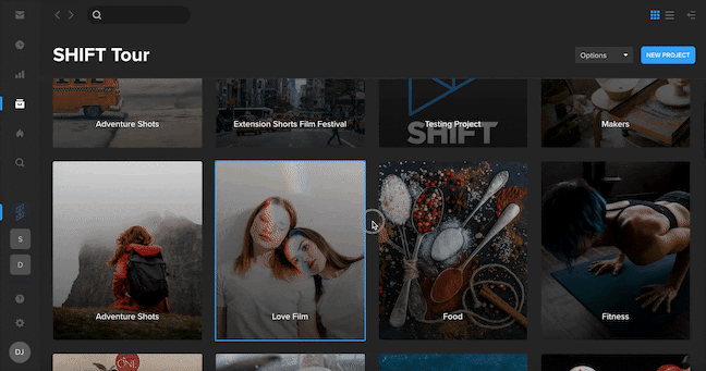 MediaSilo project grid in the SHIFT Tour workspace, used to open the Spotlight Share panel