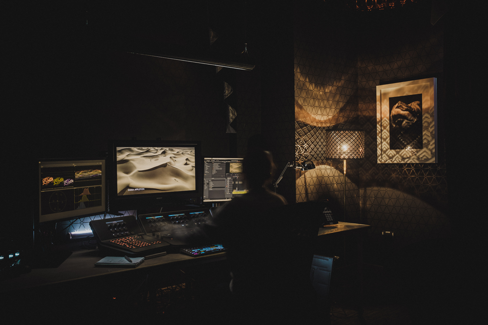 Resolve Suite 7 at Gorilla in Cardiff, a darkened grading suite with monitors and control panels