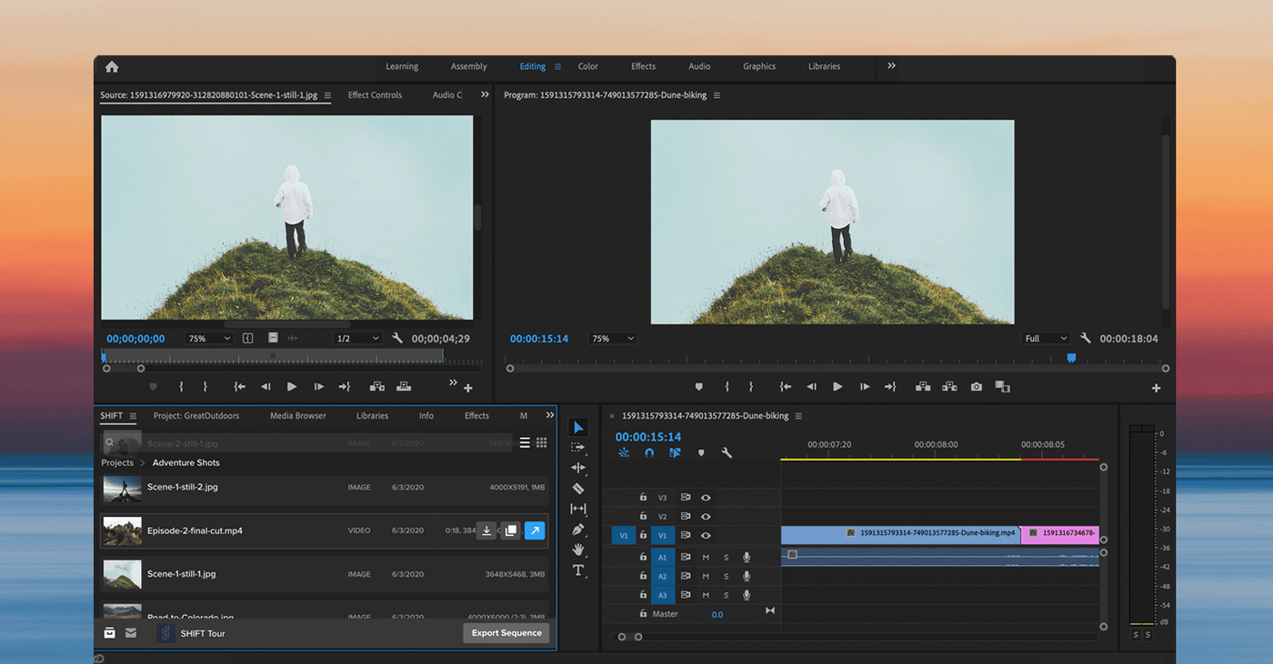 MediaSilo panel in Adobe Premiere Pro listing project assets with an Export Sequence button below the timeline