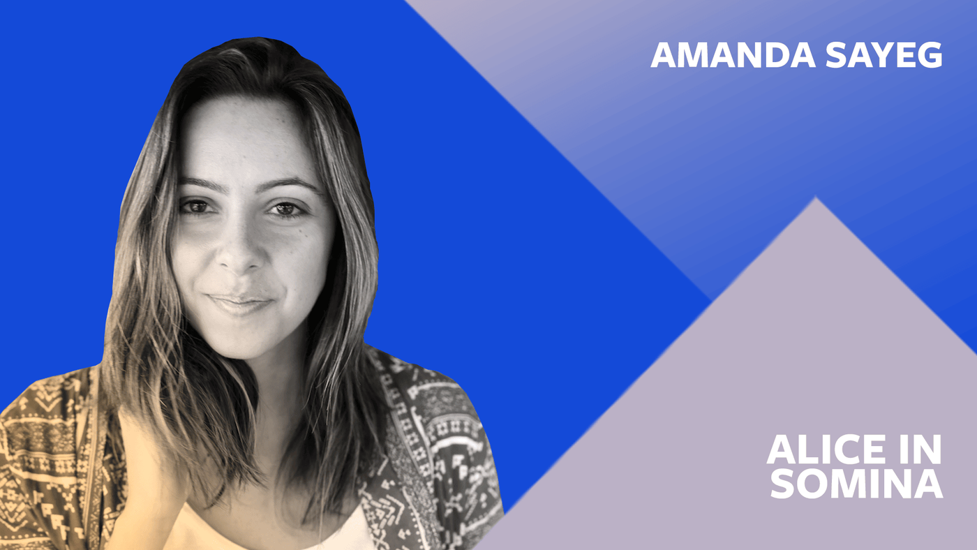 Podcast guest card for Amanda Sayeg of Alice in Somina