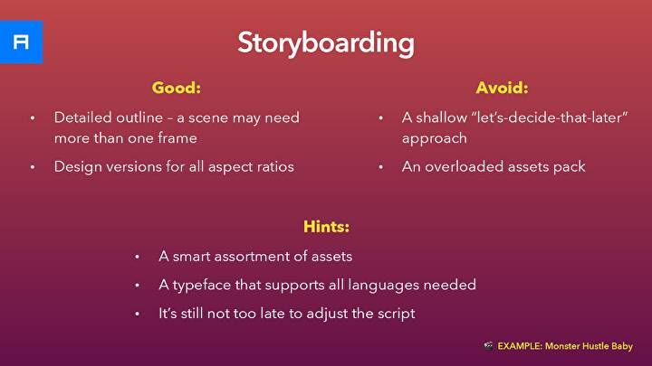 Storyboarding slide listing good practices, things to avoid, and hints for game videos