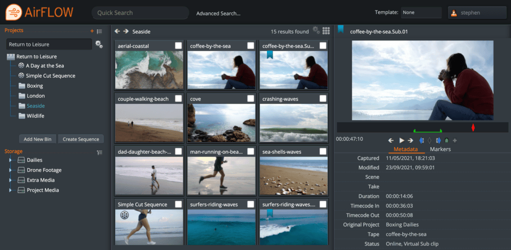 AirFLOW web interface organizing seaside footage into bins, with clip thumbnails and a metadata panel