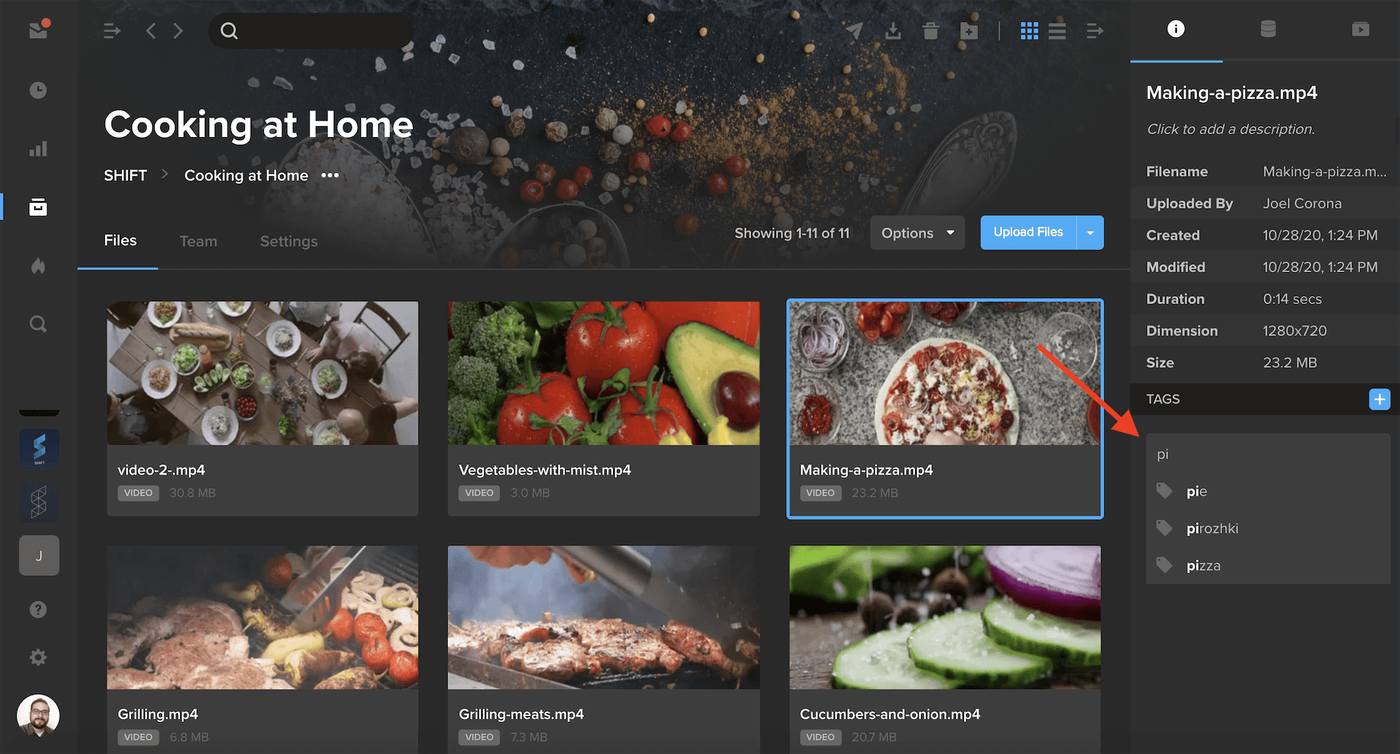 MediaSilo Info drawer suggesting tags as the user types, shown on a Cooking at Home project