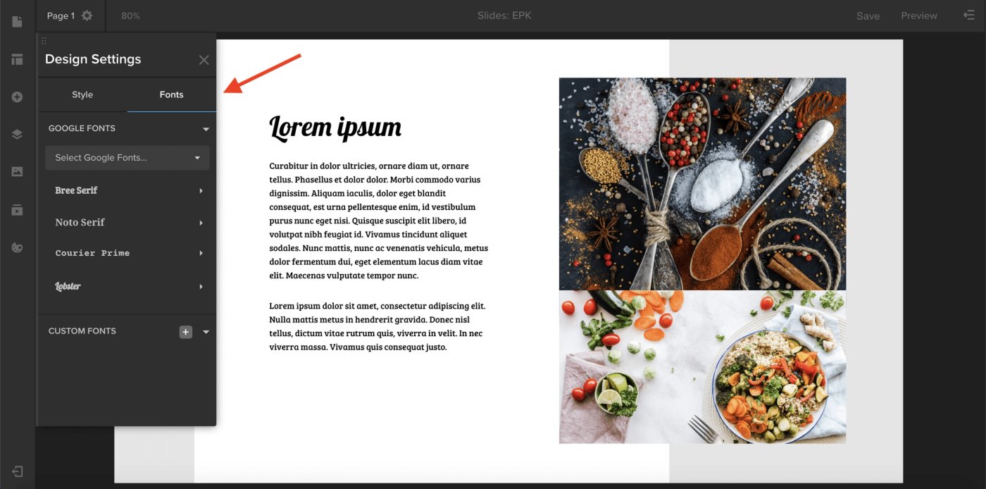 MediaSilo Spotlight Design Settings panel with the Fonts tab listing Google Fonts and custom fonts