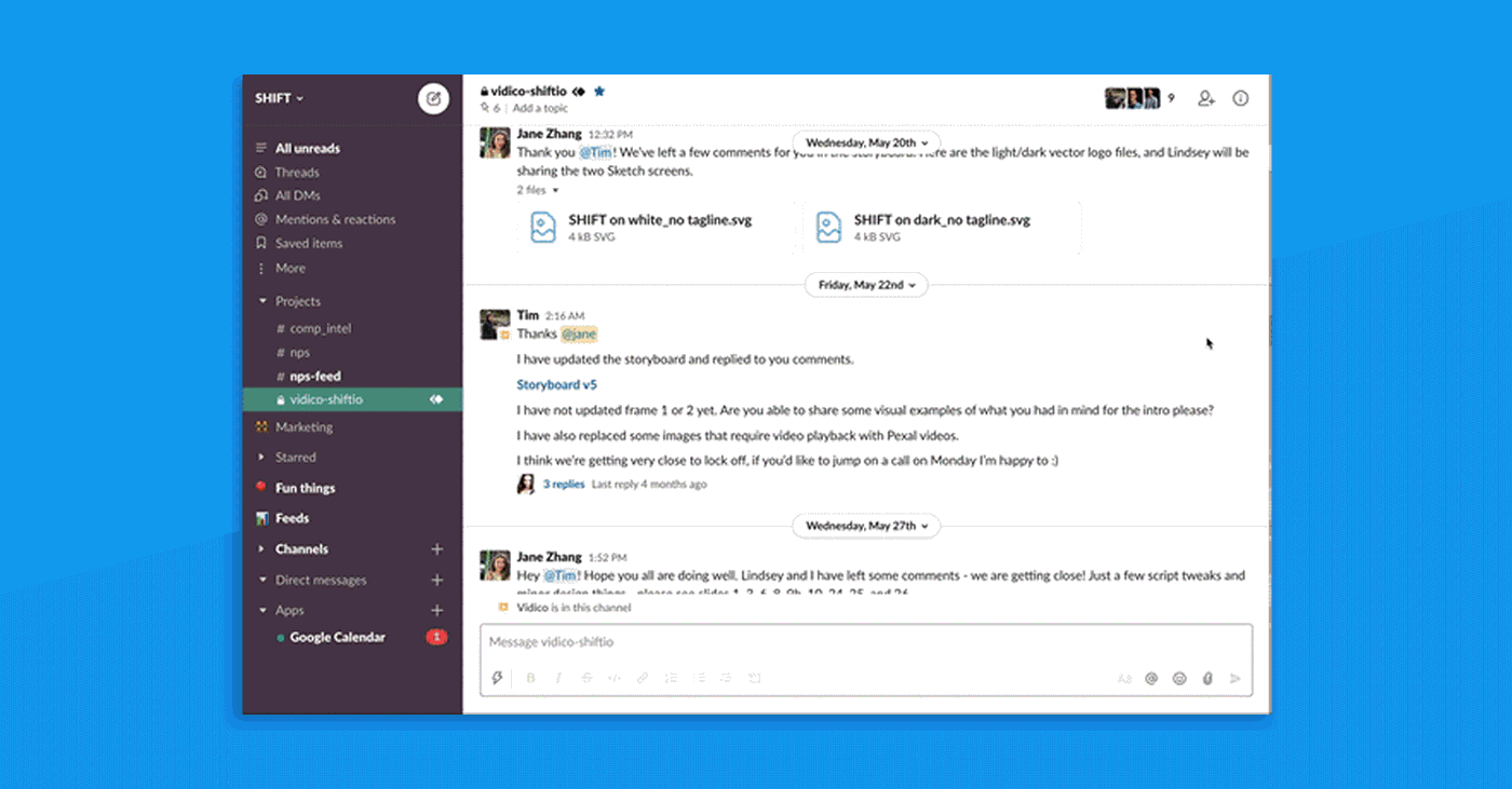 Shared Slack channel between the SHIFT and Vidico teams discussing storyboard feedback