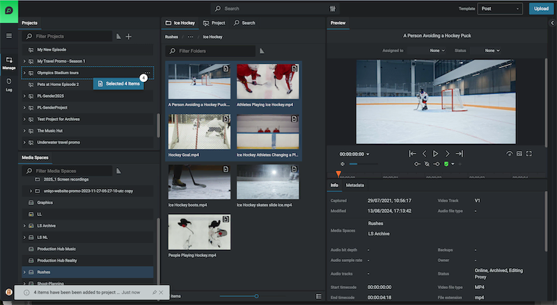 FLOW 2025.1.0 showing four ice hockey clips selected and added to a project