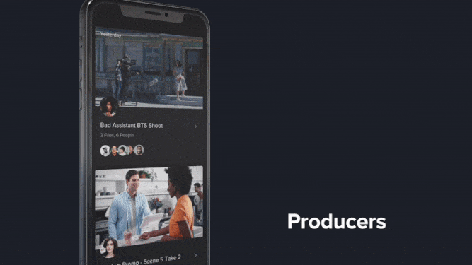 MediaSilo GO mobile app on a phone showing the Feed of recent project activity for producers