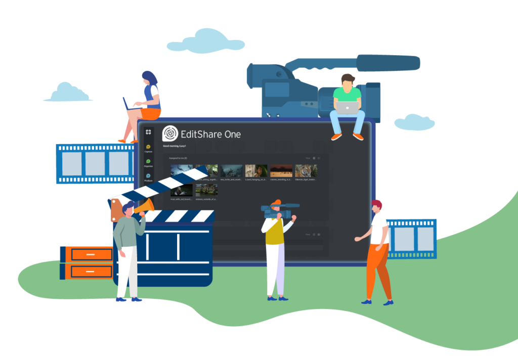 Illustration of a production team around a screen showing EditShare One