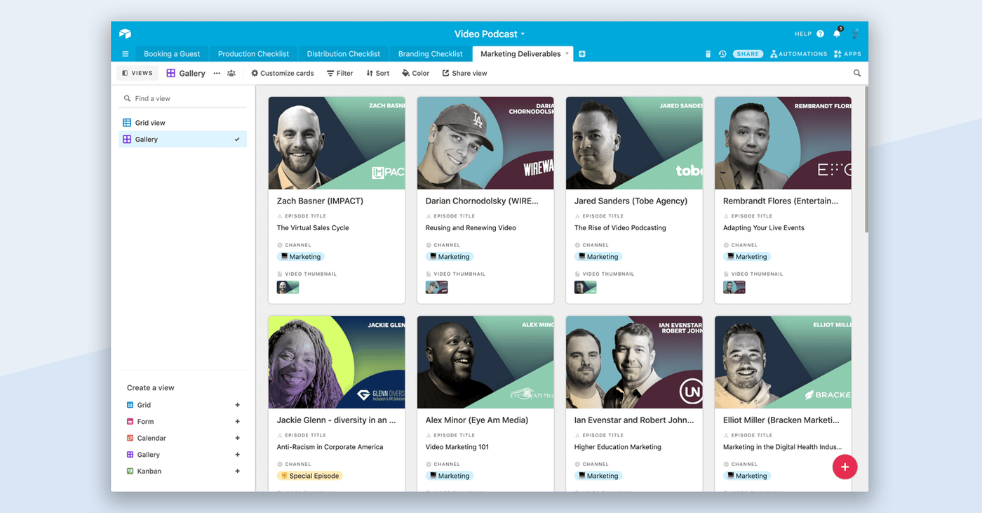 Airtable gallery view of video podcast episodes with guest thumbnails, titles and channels