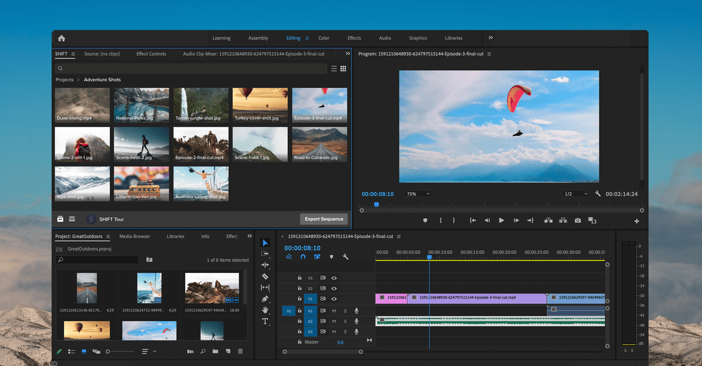 MediaSilo (SHIFT) panel inside Adobe Premiere Pro showing a gallery of project assets to import