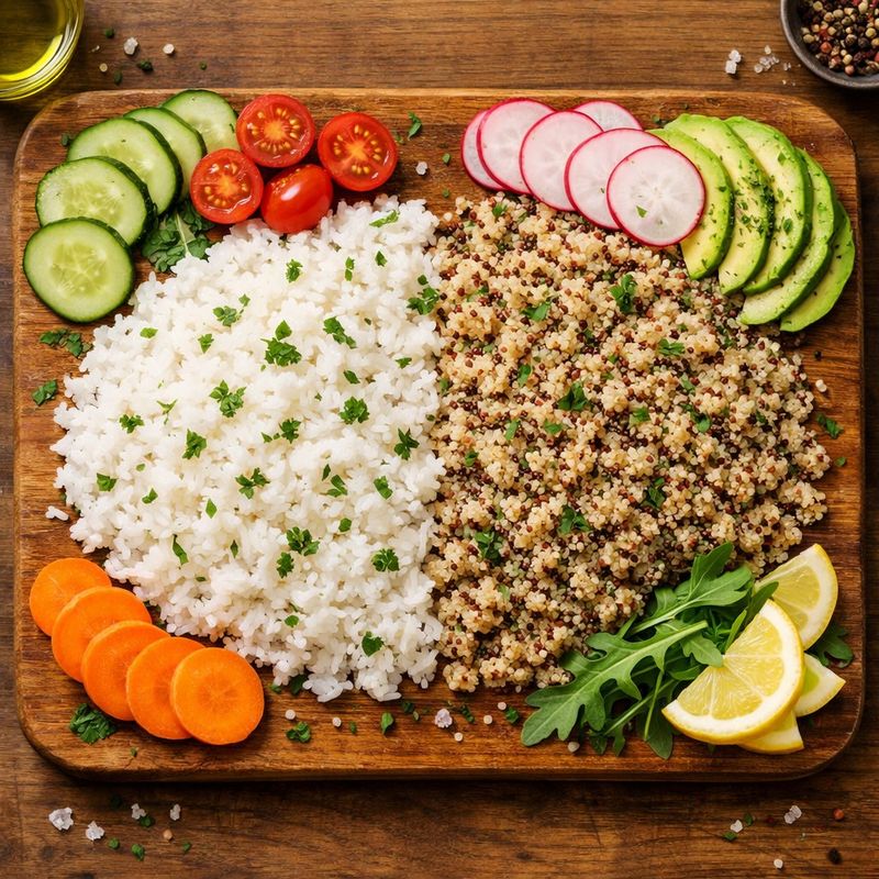 Fresh ingredients for Quinoa and Rice on a cutting board.