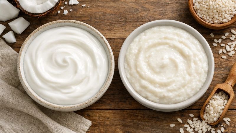 A beautiful comparison between Coconut Yogurt and Rice Yogurt with fresh ingredients.
