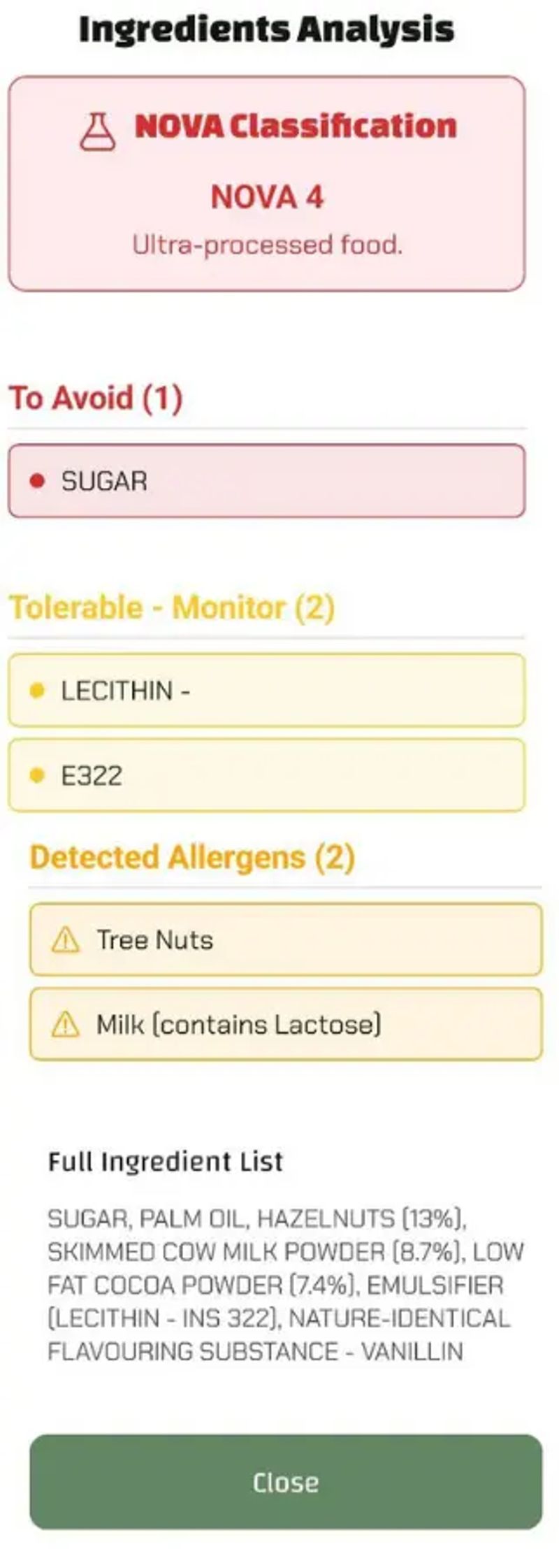 A screenshot of the Luminatens app showing Nutella's ingredient analysis. It displays a NOVA 4 classification, lists sugar as an ingredient to avoid, and detects Tree Nuts, Milk, and Soy as allergens.