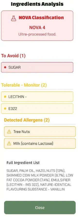 A screenshot of the Luminatens app showing Nutella's ingredient analysis. It displays a NOVA 4 classification, lists sugar as an ingredient to avoid, and detects Tree Nuts, Milk, and Soy as allergens.