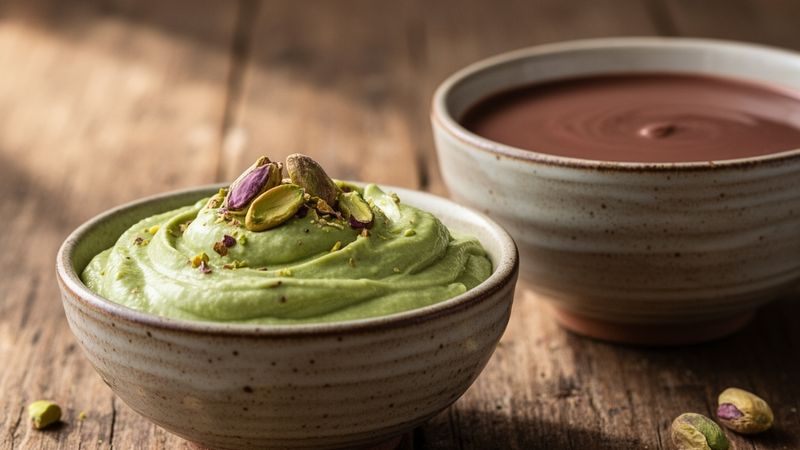 Crema di pistacchio e cioccolata calda servite in ciotole di ceramica su un tavolo in legno