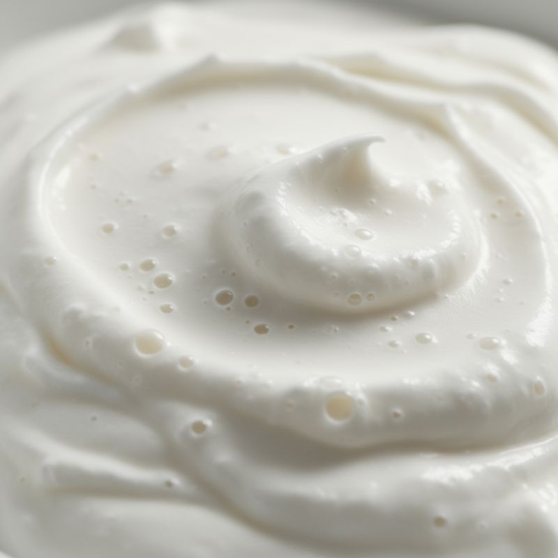 Dettaglio macro della consistenza vellutata dello yogurt greco.