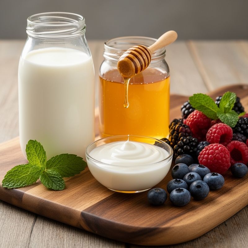 Ingredienti grezzi utilizzati per preparare lo yogurt greco.