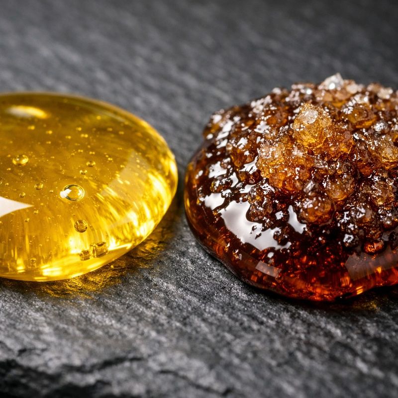 Close-up detail comparing the texture of Acacia Honey and Chestnut Honey.