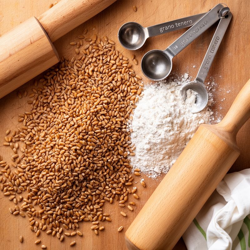 The raw materials: durum wheat, common wheat, and heritage grains side by side.