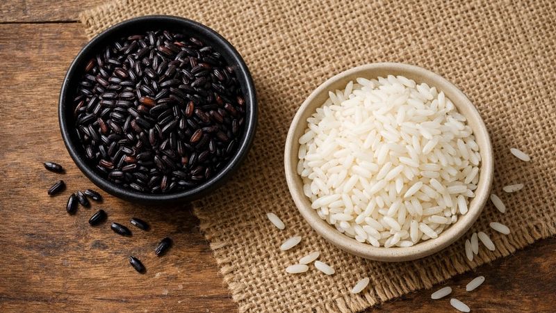 A beautiful comparison between Venere Rice and Thai Rice with fresh ingredients.