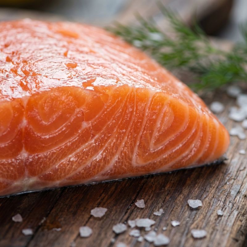 Macro close-up of fresh salmon fillet showing omega-3 rich texture