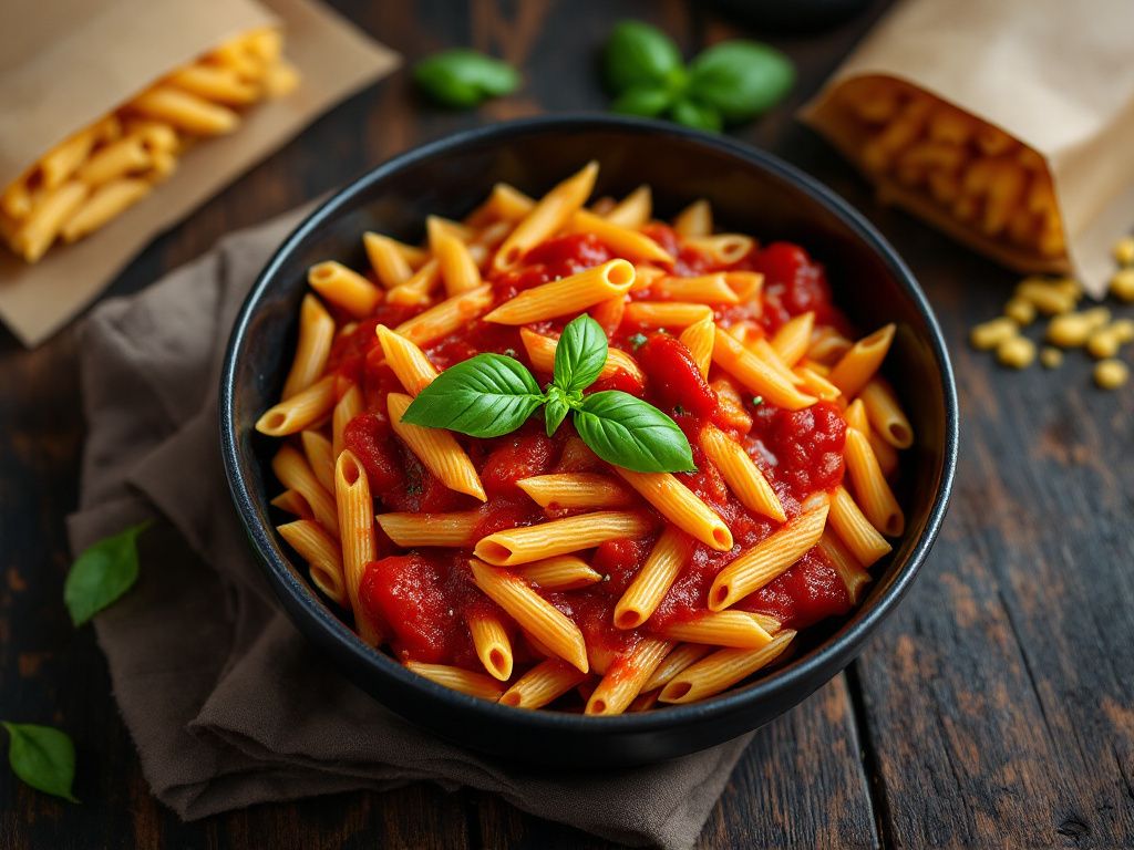 Bowl of pasta with tomatoes and basil on dark slate