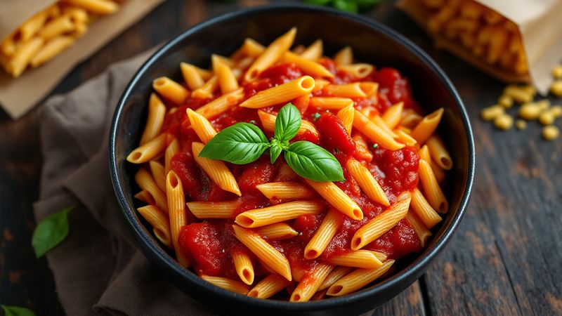 Bowl of pasta with tomatoes and basil on dark slate