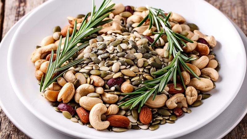 Misto di noci e semi tostati al rosmarino, pronto da gustare