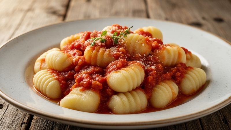 Gnocchi di patate con sugo di pomodoro su tavolo rustico