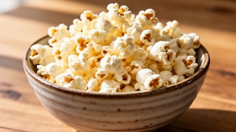 Popcorn fatti in casa: leggerezza e semplicità in una ciotola rustica.