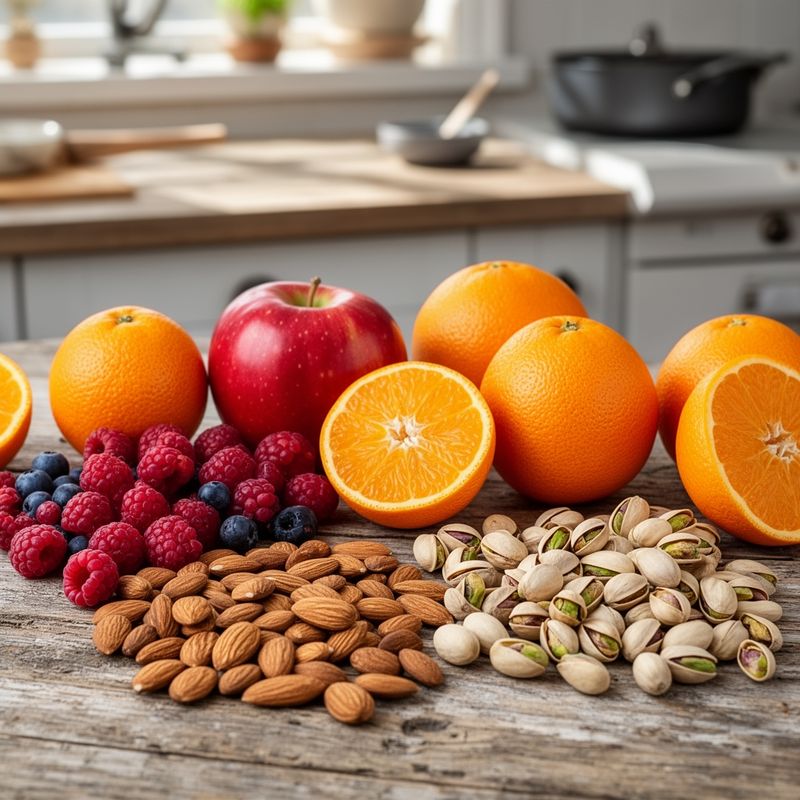 Ingredienti grezzi: frutta fresca e secca sul tavolo